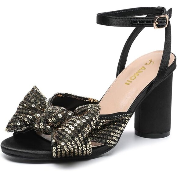 🆕 Women Black Sequin Bowknot Block Heeled Sandal Open Toe Chunky Ankle Strap - Picture 1 of 8